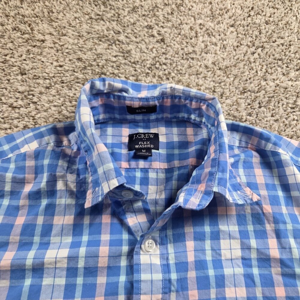 J Crew Shirt Mens Medium Blue Pink Check Button Down Flex Washed Long Slv Preppy